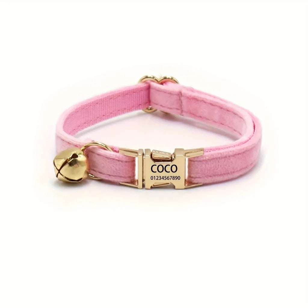 Personalized Velvet Cat Tiny Dog Collar Custom Engraved Kitten/Puppy Name Tag with Gold Bell Male/Female Pet Gift for Small Pets