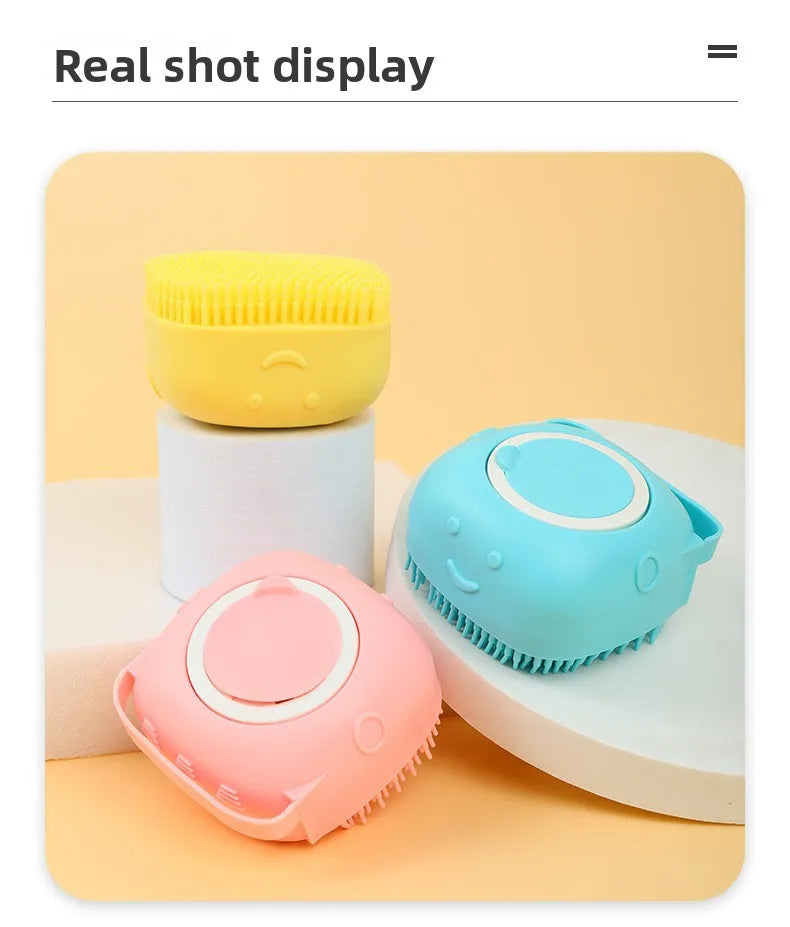 Dog Bathing Brush Pet Massage Brush Shampoo Dispenser Soft Silicone Brush Rubber Bristle for Dogs and Cats Shower Grooming Tool