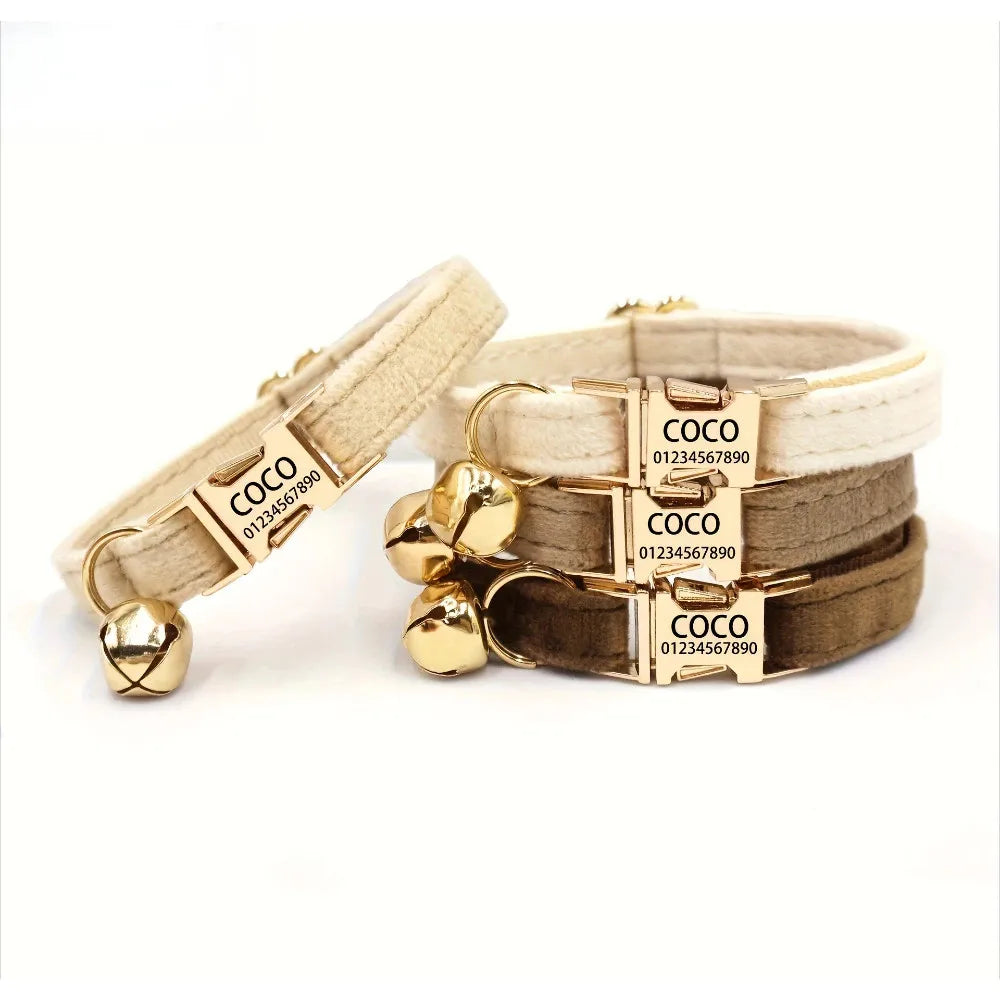Personalized Velvet Cat Tiny Dog Collar Custom Engraved Kitten/Puppy Name Tag with Gold Bell Male/Female Pet Gift for Small Pets