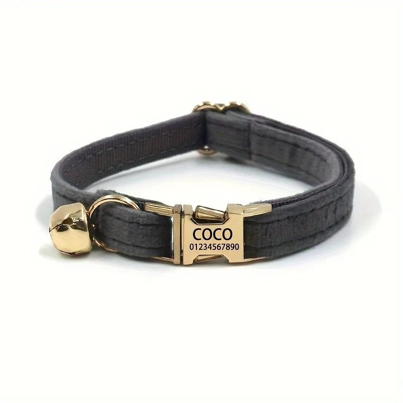 Personalized Velvet Cat Tiny Dog Collar Custom Engraved Kitten/Puppy Name Tag with Gold Bell Male/Female Pet Gift for Small Pets